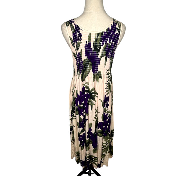 Sezane Vintage L Tropical Smocked Bodice Midi Dress 100% Rayon Cream Purple - Picture 4 of 4